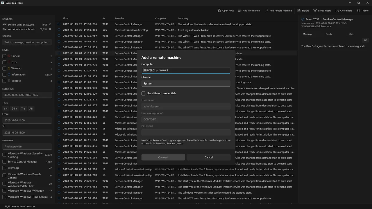 The Add a remote machine dialog with fields for computer, channel, and optional user name, domain and password.