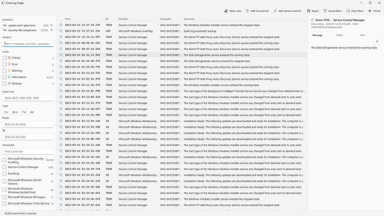 Light theme with one event selected; the detail pane shows its message with Message, Fields and XML tabs and a copy button.