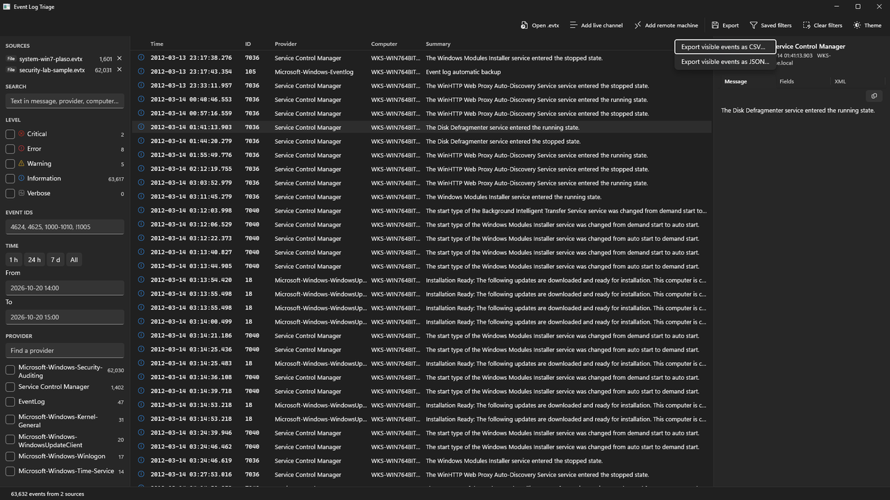 The Export menu open with two choices: export visible events as CSV, or as JSON.